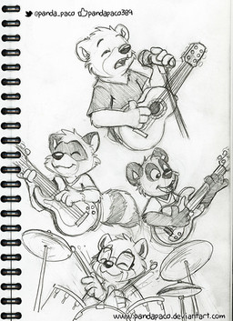 acoustic_guitar anthro band bass_drum bass_guitar closed_smile clothed clothing cymbals drum drum_set electric_guitar electronics eyes_closed front_view guitar hi-hat holding_guitar holding_musical_instrument holding_object male male_anthro markings microphone microphone_stand mouth_closed musical_instrument open_mouth percussion_instrument playing_guitar playing_music plucked_string_instrument simple_background smile string_instrument striped_markings striped_tail stripes tail tail_markings text tom_drum young young_anthro young_male pandapaco ailurid bear giant_panda mammal procyonid raccoon red_panda monochrome sketch traditional_media_(artwork) url