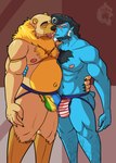 anthro blue_body body_hair bulge bulge_frottage chest_hair claws clothed clothing duo finger_claws french_kissing hairy_legs interspecies jockstrap jockstrap_only kissing male male/male male_anthro mane musclegut muscular muscular_anthro muscular_male navel nipples outie_navel pompadour pubes slightly_chubby slightly_chubby_anthro slightly_chubby_male topless underwear underwear_only yellow_body thekinkybear mythology karou_(thekbear) kori_ice_cream_(monkeydbax) bear dragon mammal mythological_creature mythological_scalie scalie absurd_res hi_res