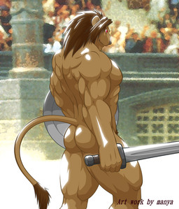 ancient_rome anthro anus back_muscles barazoku biceps big_muscles biped brown_body brown_fur brown_hair butt classical_architecture deltoids forearm_muscles fur gladiator glistening hair male melee_weapon muscular muscular_anthro muscular_male nude nude_anthro nude_male pose pubes public rear_view red_eyes shield solo stadium sword tail tail_tuft trapezius triceps tuft warrior weapon manya felid lion mammal pantherine portrait three-quarter_portrait