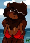 anthro bent_over big_breasts bikini bottomwear breasts brown_body brown_eyes brown_fur brown_hair clothed clothing cloud female front_view fur hair hair_over_eye hanging_breasts lips looking_at_viewer neck_tuft one_eye_obstructed red_bikini red_bottomwear red_clothing red_swimwear red_topwear smile solo standing swimwear topwear tuft two-piece_swimsuit water zephhyr cherri_(zephhyr) bear mammal absurd_res digital_media_(artwork) hi_res