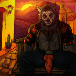 abs animal_genitalia animal_penis anthro balls belt biceps bodypaint bottomwear cactus calavera_face_paint canine_genitalia canine_penis clothed clothing detailed_background erection face_paint fur genitals gold_(metal) gold_tooth hair holidays jewelry knot knotted_penis light light_beam looking_at_viewer male mask muscular muscular_anthro muscular_male necklace nipples open_clothing open_shirt open_topwear pants pecs penis plant print_clothing print_shirt print_topwear shirt skull_face_paint smile smiling_at_viewer solo south_america sunlight teeth topwear lupelongo calavera day_of_the_dead canid canine mammal 1:1 absurd_res digital_media_(artwork) hi_res