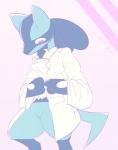 anthro blue_body clothed clothing fur looking_down male semi-anthro shirt simple_background solo topwear white_clothing white_shirt white_topwear derfisch nintendo pokemon canid canine generation_4_pokemon lucario mammal pokemon_(species) 2018 digital_media_(artwork) hi_res