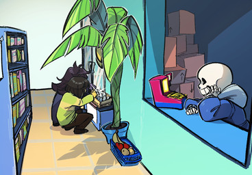 ambiguous_gender ambiguous_human anthro banana black_hair blue_clothing blue_sweater blue_topwear bone box cash_register clothed clothed_anthro clothed_human clothing container convenience_store crouching detailed_background directional_arrow egg female female_anthro floor food fruit glistening glistening_hair grin group hair hoodie inside long_hair looking_at_another male palm_tree plant purple_hair skeleton skull smile storage_room sweater tile tile_floor topwear tree trio rikokyu deltarune undertale_(series) kris_dreemurr sans_(undertale) susie_(deltarune) animated_skeleton human mammal scalie undead 2025 hi_res