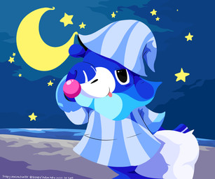 ambiguous_gender black_eyes blue_body clothed clothed_feral clothing crescent_moon feral hat headgear headwear looking_at_viewer markings moon nightcap pajamas pillow solo standing_on_tail star tail tired tongue tongue_out water whisker_markings sleepy_sealion nintendo pokemon generation_7_pokemon pokemon_(species) popplio 2026 6:5 dated hi_res signature