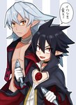 black_hair clothing duo exposed_chest grey_hair hair humanoid_pointy_ears male neckwear not_furry_focus open_mouth pattern_background red_eyes simple_background text sunflower_(artist) disgaea disgaea_4 nippon_ichi_software fenrich valvatorez fish humanoid mammal marine sardine vampire 2018 absurd_res hi_res japanese_text translated