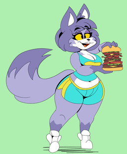 anthro bangs black_eyebrows black_nose bottomwear breasts burger cleavage clothed clothed_anthro clothed_female clothing countershading dipstick_tail eyebrow_through_hair eyebrows eyelashes female female_anthro fingers food footwear front_view fur gloves_(marking) green_background hair holding_burger holding_food holding_object holding_sandwich markings midriff multicolored_body multicolored_fur navel open_mouth open_smile purple_body purple_ears purple_eyelids purple_fur purple_hair purple_tail_tip sandwich_(food) shoes shorts simple_background sleeveless_shirt smile solo standing tail tail_markings teal_bottomwear teal_clothing teal_shorts teal_topwear thick_thighs topwear translucent translucent_hair white_body white_clothing white_countershading white_footwear white_inner_ear white_shoes yellow_sclera cloudidoodles roxanne_oxley canid canine fox mammal 2023 absurd_res digital_drawing_(artwork) digital_media_(artwork) full-length_portrait hi_res portrait