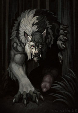 animal_genitalia animal_penis anthro big_penis black_body black_eyes black_fur canine_genitalia canine_penis claws fangs fluffy forest fur genitals grin horror_(theme) knot knotted_penis looking_at_viewer male male_anthro muscular muscular_anthro muscular_male penis plant red_eyes smile solo teeth tree white_body white_fur cu_sith_(artist) mythology canid canine canis mammal mythological_canine mythological_creature werecanid werecanine werecreature werewolf wolf digital_drawing_(artwork) digital_media_(artwork) hi_res