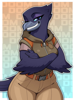 anthro beak biped black_body blue_eyes breasts clothed clothing crossed_arms eyebrows eyelashes female looking_at_viewer medium_breasts non-mammal_breasts pupils simple_background smile smirk solo standing tail teeth text thick_thighs wide_hips budoti dreamworks the_bad_guys doom_(the_bad_guys) avian bird corvid corvus_(genus) crow oscine passerine 3:4 absurd_res character_name hi_res