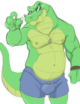 anthro belly biceps bottomwear bulge clothed clothing eyewear front_view gesture grin hand_gesture jewelry looking_at_viewer male muscular muscular_anthro muscular_male navel necklace pointing pointing_at_viewer shorts simple_background slightly_chubby smile solo sunglasses topless unsigned white_background canson crocodile crocodilian reptile scalie