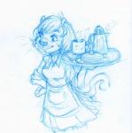 anthro apron breasts clothing coffee_pot container cup cutlery female food hand_on_hip kitchen_utensils pancake platter smile solo spoon steam tools waiter jamil_gonzalez endtown roxie_rockwell mammal mustelid musteline stoat true_musteline weasel monochrome