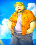 anthro blush bottomwear clothing kemono male outside overweight overweight_anthro overweight_male pants shirt solo topwear n_gata21 felid lion mammal pantherine 2021 hi_res