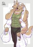 2_heads 4_arms anthro bottomwear bulge clothing groceries grocery_bags male multi_arm multi_head multi_limb multifur pants shirt solo tank_top topwear soendapuss lifewonders tokyo_afterschool_summoners marchosias_(tas) canid canine canis mammal wolf hi_res