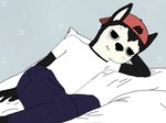 anthro blush bottomwear clothing fur half-closed_eyes hat headgear headwear hug hugging_object hugging_pillow looking_at_viewer lying male narrowed_eyes on_side pants pillow shirt smile smirk solo topwear young aussiecuno cartoon_network summer_camp_island max_(sci) bat mammal 4:3 hi_res