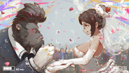anthro big_breasts black_clothing black_hair black_shirt black_topwear blush breasts brown_hair camera_view clothed clothing collared_shirt confetti crowd dark_body dark_skin digit_ring dress dress_shirt duo_focus ear_piercing ear_ring eye_contact eyewear facial_piercing female female_on_anthro fully_clothed glasses grey_body grey_skin group hair hair_bun human_on_anthro husband_and_wife interspecies jewelry light_body light_skin lip_piercing lip_ring looking_at_another looking_at_partner male male/female male_on_human married_couple monotone_hair piercing recording ring ring_piercing romantic romantic_couple shirt short_hair side_view smile standing suit topwear wedding wedding_dress wedding_ring white_clothing white_dress gaoerji blizzard_entertainment overwatch mei_(overwatch) winston_(overwatch) ape gorilla haplorhine human mammal primate hi_res