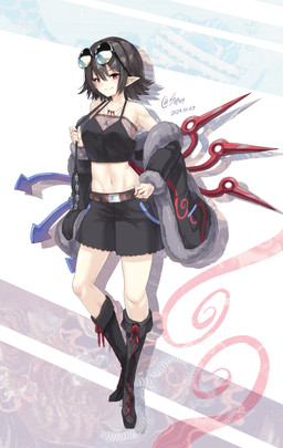 belt black_boots black_bottomwear black_clothing black_footwear black_hair black_jacket black_shorts black_topwear boots bottomwear clothing eyewear eyewear_on_head female footwear fur_trim_(clothing) hair humanoid_pointy_ears jacket jewelry midriff navel necklace pointy_ears red_eyes shoes shorts smile solo sunglasses sunglasses_on_head topwear unusual_anatomy unusual_wings wearing_sunglasses wings sup524 touhou nue_houjuu humanoid winged_humanoid 2023 absurd_res dated full-length_portrait hi_res portrait unavailable_at_source