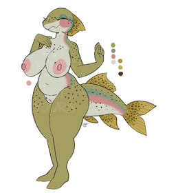 anthro areola big_breasts breasts female genitals nude pink_areola simple_background slightly_chubby solo standing vulva snailerpark aquatic fish model_sheet