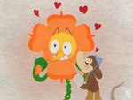 4_fingers anthro armor black_nose blush brown_body brown_fur carnation clothing duo eyebrows eyes_closed fingers flower fur gloves green_body handwear headgear heart_eyes heart_symbol helmet holding_petals interspecies kissing kissing_cheek larger_male leaf leaf_arms logo male male/male orange_body orange_flower overalls plant pointy_nose simple_background size_difference smaller_anthro smaller_male standing stem thorns white_clothing white_gloves white_handwear yellow_body yellow_clothing yellow_overalls pumkin-syrup cuphead_(game) cagney_carnation werner_werman elemental_creature flora_fauna flower_creature mammal murid murine rat rodent 2022 4:3 artist_logo digital_drawing_(artwork) digital_media_(artwork)