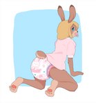 anthro bunnyhopps_(diaper) butt clean_diaper clothed clothing crawl crawling diaper dress feet female hindpaw object_in_mouth pacifier pacifier_in_mouth padding paws poofy solo wearing_diaper white_diaper octojo abuniverse bunnyhopps susie_(octojo) lagomorph leporid mammal rabbit hi_res