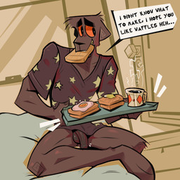 anthro balls beverage biped black_balls black_body black_clothing black_eyes black_fur black_penis black_shirt black_topwear bottomless bottomless_anthro bottomless_male breakfast_in_bed butter clothed clothing coffee coffee_mug crossed_legs crosslegged_pose dairy_products door door_handle doorknob egg_(food) ellipsis fingernails flaccid food food_in_mouth fur genitals grin happy humanoid_genitalia humanoid_penis inside male nails open_door orange_sclera penis plantigrade shirt sitting smile solo teeth text topwear tray waffle window dracks flip_(dracks) felid mammal pantherine 1:1 2026 absurd_res digital_drawing_(artwork) digital_media_(artwork) english_text hi_res