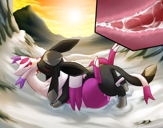 alternate_color anthro anthro_on_feral anthro_penetrated bestiality black_body black_fur black_nose blush bodily_fluids cum cum_inside cutaway dipstick_tail duo entwined_tails erection eyes_closed female female_anthro female_penetrated feral feral_penetrating feral_penetrating_anthro french_kissing from_front_position fur genital_fluids genitals gloves_(marking) gold_ring internal internal_vaginal interspecies kissing leg_markings lying male male/female male_feral male_penetrating male_penetrating_female markings missionary_position mountain on_back on_ground penetration penile penile_penetration penis penis_in_vagina pink_nose purple_body purple_fur red_eyes ring sex sky snow socks_(marking) spread_legs spreading sun tail tail_coil tail_markings tongue tongue_out vaginal vaginal_penetration white_body white_fur darkmirage nintendo pokemon fan_character natetheglaceon eeveelution generation_4_pokemon generation_5_pokemon glaceon mienshao pokemon_(species) shiny_pokemon