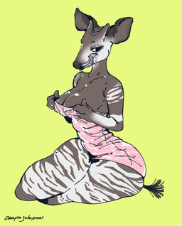 anthro big_breasts biped bodily_fluids breasts brown_body brown_fur cleavage clothed clothing female fur horn kneeling long_tongue saliva simple_background solo striped_body stripes thick_thighs tongue white_body white_fur wide_hips sori0414 giraffid mammal okapi 2025 digital_drawing_(artwork) digital_media_(artwork) hi_res