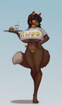 anthro beverage big_breasts bikini bikini_bottom breasts brown_body brown_fur brown_hair burger clothing collar female food fur gold_bikini hair holding_plate huge_breasts orange_body orange_fur red_eyes shirt smile solo swimwear t-shirt topwear two-piece_swimsuit under_boob mortarionlordofdeath awoos_diner maple_cross_(devildjmachine) canid canine cross_fox fox mammal red_fox true_fox absurd_res hi_res