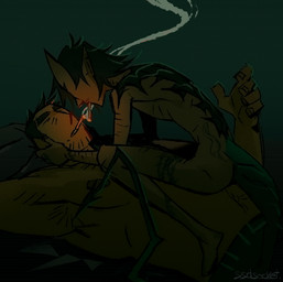 cigarette cigarette_in_mouth duo kissing male male/male not_furry object_in_mouth size_difference ssdsocket demon human humanoid mammal absurd_res hi_res