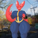 1:1 absurd_res anthro bethesda_softworks big_breasts bodysuit breasts clothing coffee_demon fallout female finger_gun firia_(srmario) gesture hand_gesture hi_res kobold microsoft pip-boy red_body scalie skinsuit solo tail thick_thighs tight_clothing vault_suit yellow_eyes