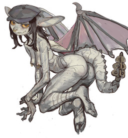 anthro big_ears black_hair breasts butt clothing facial_piercing featureless_crotch female grey_body hair hat hat_only headgear headgear_only headwear headwear_only looking_at_viewer membrane_(anatomy) membranous_wings mostly_nude nipple_piercing nipple_ring nipples nose_piercing nose_ring piercing ring_piercing sharp_teeth slim_anthro slim_female small_breasts snaggle_tooth solo tail teeth wings yellow_eyes mossa deadlock_(game) valve valve_corporation ivy_(deadlock) gargoyle 2025 hi_res