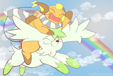 ambiguous_gender cloud duo eyewear feral glasses green_eyes one_eye_closed open_mouth rainbow scarf yaoimeowmaster nintendo pokemon generation_1_pokemon generation_4_pokemon legendary_pokemon pokemon_(species) raichu shaymin sky_forme_shaymin 2015 digital_drawing_(artwork) digital_media_(artwork)