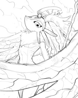 antares_(kirby_and_the_forgotten_land) anthro antlers biped black_sclera chest_tuft convenient_censorship covering covering_crotch head_wings holding_melee_weapon holding_object holding_polearm holding_weapon horn huge_wings looking_at_viewer male melee_weapon mouthless neck_tuft polearm pupils solo three-quarter_view tuft unusual_wing_placement weapon wings pecco_occeq kirby_(series) nintendo fecto_elfilis alien chinchilla chinchillid mammal rodent starling_(kirby) 2026 absurd_res black_and_white digital_drawing_(artwork) digital_media_(artwork) hi_res japanese_description monochrome portrait sketch three-quarter_portrait