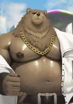 anthro bare_chest belly belt brown_body brown_fur clothing facial_scar fur jacket jewelry male missing_eye musclegut muscular navel necklace nipples pecs scar solo topwear undressing white_clothing white_jacket white_topwear earthist mihoyo zenless_zone_zero ben_bigger bear mammal