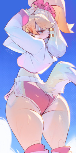 anthro arms_above_head bedroom_eyes blonde_hair blue_background bodily_fluids bottomwear breasts butt clothed clothed_female clothing cloud colored_nails cropped_hoodie dolphin_shorts ear_piercing ears_down eye_through_hair female fur fur_markings glistening glistening_body glistening_butt glistening_thighs hair hair_bun hotpants leg_warmers legwear long_hair looking_at_viewer looking_back looking_back_at_viewer markings medium_breasts nails narrowed_eyes outside piercing pink_nails pivoted_ears ponytail raised_arms rear_view scrunchie seductive shorts simple_background sky skyscape small_breasts solo standing sweat sweater sweaty_butt sweaty_legs sweaty_thighs tail thick_thighs three-quarter_view topwear translucent translucent_hair turning_around ulitochka canid canine mammal 2023 absurd_res dated digital_media_(artwork) hi_res watermark