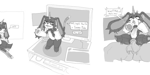 abdominal_bulge ambiguous_gender anthro censored_text computer desk electronics eye_roll furniture genitals horn humanoid_genitalia male moan penetrable_sex_toy penis plushie plushophilia potion pupils seam_(sewing) sex sex_toy sex_toy_insertion shortstack solo stitch_(sewing) table tablet tail text unusual_pupils nsfuwu4 instant_loss_2koma terraritel animate_inanimate living_plushie absurd_res english_text hi_res monochrome multiple_images