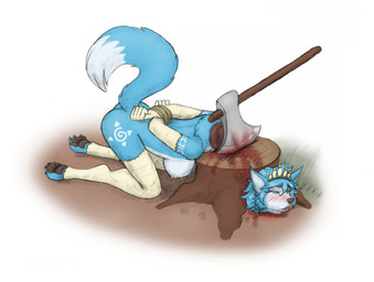 anthro areola armwear axe bent_over blood blue_body blue_fur blue_hair blush bodily_fluids bound breasts butt clothing corpse death decapitation elbow_gloves execution feet female female_death fingers fur gloves gore hair half-closed_eyes hands_behind_back hands_tied hands_tied_behind_back handwear legwear narrowed_eyes nipples nude pawpads plant rope severed_body_part severed_head simple_background snuff solo stockings tail toes tongue tongue_out tree tree_stump weapon meowmere nintendo star_fox krystal_(star_fox) canid canine fox mammal hi_res