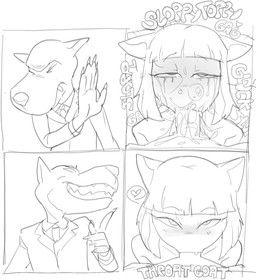 4_panel_comic anthro blush bodily_fluids bubble claws clothed clothing cum cum_in_mouth cum_inside drinking drinking_cum duo eye_contact fellatio female finger_claws first_person_view genital_fluids hair heart_symbol looking_at_another looking_at_viewer makeup male mascara messy_hair onomatopoeia oral parody penile running_makeup running_mascara saliva sex sloppy_blowjob snot snot_bubble sound_effects text dbaru pussycat_(takena_nagao) animal_humanoid canid canine canis cat_humanoid felid felid_humanoid feline feline_humanoid humanoid mammal mammal_humanoid wolf 2026 english_text hi_res meme monochrome