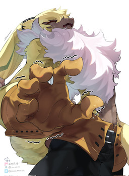 anthro bottomwear clothing ear_pull fluffy fluffy_chest fur gloves handwear long_ears male pants ponytail_ears shirtless small_waist solo yellow_body yellow_fur youzaiyouzai112 bandai_namco digimon digimon_ghost_game digimon_(species) lagomorph leporid mammal rabbit symbareangoramon hi_res