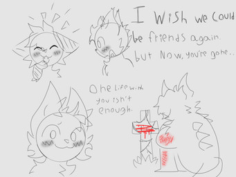 anthro band-aid bandage blood blush bodily_fluids cheek_tuft chest_tuft duo facial_tuft fangs female grave inner_ear_fluff male mourning scar self-harm self-harm_scars sitting teeth text tombstone tuft tuna_lover29_(artist) mammal 4:3 english_text hi_res
