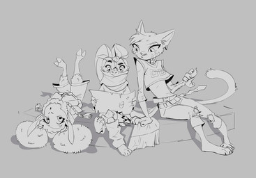 3_toes anthro arnis barefoot belt bottomwear clothing collar crossed_legs denim denim_bottomwear denim_clothing ear_piercing ear_ring eyebrows eyewear facial_markings feet female floppy_ears freckled_face freckles glasses group head_markings head_tuft holding_object holding_weapon hooves horizontal_pupils jeans jersey leg_warmers legwear long_ears long_sleeve_shirt long_tail looking_at_object lying markings on_back open_mouth oversized_clothing pants paper piercing pointy_ears pupils raised_eyebrow ring_piercing scarf shirt shorts simple_background sitting slit_pupils striped_markings stripes tail text text_on_clothing toes topwear torn_bottomwear torn_clothing torn_jeans torn_pants trio tuft twintails_(hairstyle) weapon wearing_glasses ruffu pepper_in_the_sandbox merina_(ruffu) paddy_(ruffu) pepper_(ruffu) bovid caprine domestic_sheep felid feline lagomorph leporid mammal merino_sheep rabbit serval sheep digital_drawing_(artwork) digital_media_(artwork) sketch