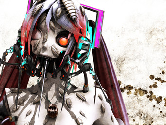 cosplay creepy decay electronics female feral glowing hair headphones horror_(theme) implied_nudity jewelry long_hair looking_at_viewer machine necklace nightmare_fuel no_pupils ponytail red_eyes red_hair skull_necklace solo teeth wire deino_(artist) vocaloid calne_ca hatsune_miku android arthropod biomechanical crustacean humanoid isopod malacostracan robot robot_humanoid 2009 3d_(artwork) 4:3 autodesk_3ds_max_(artwork) digital_media_(artwork)