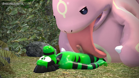 ambiguous_gender anthro big_tongue birds_chirping black_stripes coiled_tongue coiling dominant dominant_male duo erection forest genitals green_body half-closed_eyes holding_partner humanoid_genitalia humanoid_penis licking long_tongue male male/ambiguous male/male narrowed_eyes nude on_top oral outside_sex oversized_fellatio oversized_oral penile penis penis_lick penis_on_tongue pink_body plant prehensile_tongue sex size_difference sound_effects stripes submissive submissive_male tongue tongue_bath tongue_fetish tongue_focus tongue_hug tongue_out tongue_play tree wide_eyed skunkdude13 nintendo pokemon cameron_(skunkdude13) generation_1_pokemon lickitung mammal pokemon_(species) reptile scalie 16:9 2026 3d_(artwork) 3d_animation animated digital_media_(artwork) hi_res high_framerate long_playtime sound source_filmmaker_(artwork) video widescreen