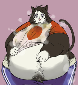 anthro belly belly_overhang big_belly black_hair bodily_fluids body_hair bottomwear breasts clothed clothing double_chin eye_bags fangs fat_arms female flabby_arms front_view hair hand_on_own_belly happy_trail lidded_eyes looking_at_own_belly morbidly_obese morbidly_obese_anthro morbidly_obese_female musk navel obese obese_anthro obese_female overweight overweight_anthro overweight_female pants panty_peek pink_background simple_background slob smelly solo stained_shirt sweat sweat_stain sweatpants sweaty_armpit sweaty_clothing sweaty_shirt sweaty_topwear tail teeth tired_eyes topwear track_pants undersized_clothing undersized_topwear wide_hips tongxuemian domestic_cat felid feline felis mammal 2025 digital_drawing_(artwork) digital_media_(artwork) hi_res portrait three-quarter_portrait