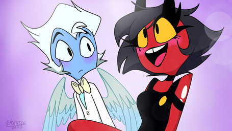 back_wings black_hair blue_body blue_feathers blue_hair blue_skin blush bow_tie clothing duo feathered_wings feathers female freckled_face freckles hair horn jacket male male/female markings mole_(marking) red_body red_skin simple_background smile topwear wings emositecc hellaverse helluva_boss millie_(helluva_boss) moxxie_(helluva_boss) angel angel_humanoid demon demon_humanoid humanoid imp 16:9 colored hi_res widescreen