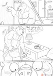 2018 anthro base_three_layout bear bed bedside_table blockage_(layout) clock comic dialogue digital_clock digital_drawing_(artwork) digital_media_(artwork) door electronics english_text four_frame_image fur furniture hi_res horizontal_blockage jr_(plaguedobsession) lamp lednew male mammal monochrome nipples overweight overweight_male pillow plaguedobsession solo son_(lore) speech_bubble surprise surprised_expression text thought_bubble three_row_layout towel towel_around_waist towel_only