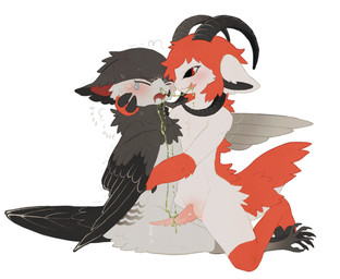 4_horns animal_genitalia animal_penis anthro anthro_on_anthro arm_around_partner avian_feet beak black_beak_tip black_body black_feathers black_feet black_hooves black_horn black_inner_ear black_tail black_wings blush bodily_fluids bovid_horn breath caprine_horn cloacal_penis cloven_hooves cold_(disease) comforting crotch_blush crying curved_horn dripping duo eyes_closed feathers feet female female_anthro forked_tongue fur genital_fluids genitals glistening glistening_genitalia glistening_penis gloves_(marking) grey_body grey_feathers hair head_horn hooves horn hugging_partner ill kneeling leg_markings licking_snot looking_at_another looking_at_partner male male/female male_anthro mane markings multi_horn multicolored_body multicolored_feathers nasal neck_tuft nude nude_anthro nude_female nude_male on_lap onomatopoeia orange_markings panting penis pink_penis precum precum_drip ram_horn red_blush red_body red_eyes red_fur red_hair red_inner_ear red_mane red_tail romantic romantic_couple saliva shaking shivering simple_background sitting sitting_on_ground sitting_on_lap slim_anthro slim_female slim_male snot snot_fetish snot_in_mouth snot_on_penis socks_(marking) sound_effects sweat tail talons tapering_penis tears tears_of_pain text toes tongue tuft white_background white_beak white_body white_fur winged_arms wings jejejunum mythology jejunum_(jejejunum) statera_(boxwater) apodiform avian bird bovid bovid_demon caprine caprine_demon chimney_swift demon dragon furred_dragon furred_scalie goat goat_demon mammal mythological_creature mythological_scalie scalie swift_(bird) 2026 digital_drawing_(artwork) digital_media_(artwork) english_description full-length_portrait hi_res portrait