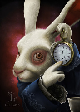 ambiguous_gender anthro blue_clothing brown_eyes claws clock clothing fur holding_clock holding_object paws pink_nose pointing_at_object solo white_body white_clothing white_ears white_fur luztapia alice_in_wonderland alice_in_wonderland_(2010) white_rabbit_pointing_at_clock_(meme) the_white_rabbit lagomorph leporid mammal rabbit 2012 digital_media_(artwork) meme_origin signature watermark