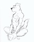 anthro belly_tuft biped bottomwear chest_tuft clothed clothing crosslegged_pose eyebrows eyes_closed eyewear feet_together feet_together_knees_apart floppy_ears front_view glasses head_tuft holding_feet male meditation nipples pecs shorts shorts_only sitting solo tail topless tuft k-9 circles_(comic) paul_mayhew canid canine canis domestic_dog mammal 2001 greyscale low_res monochrome sketch traditional_media_(artwork)