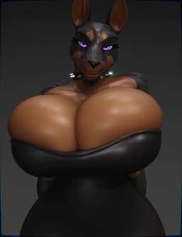 anthro big_breasts black_body black_clothing black_dress black_fur breasts brown_body cleavage clothed clothing collar dress female fur hands_behind_back huge_breasts hyper hyper_breasts looking_at_viewer overflowing_breasts purple_eyes shaking_breasts solo spiked_collar spikes swaying teasing xlkev shia_(xlkev) canid canine canis dobermann domestic_dog mammal pinscher 3d_(artwork) 3d_animation animated blender_(artwork) digital_media_(artwork) hi_res no_sound short_playtime