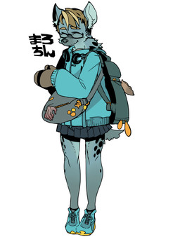anthro black_bottomwear black_clothing black_skirt blonde_hair blue_clothing blue_footwear blue_jacket blue_shoes blue_topwear bottomwear clothing electronics eyewear female footwear fur glasses grey_body grey_fur hair headphones jacket kemono shoes simple_background skirt smile snout solo standing text topwear white_background idkuroi hyena mammal spotted_hyena 2015 3:4 absurd_res hi_res japanese_text