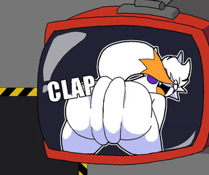 ambiguous_gender anthro ass_clapping bent_over big_butt blush butt cheek_tuft clap_(sound_effect) dipstick_tail electronics facial_tuft fangs head_tuft inside looking_back markings monitor open_mouth open_smile orange_body presenting presenting_hindquarters smile solo tail tail_markings tail_motion tailwag teeth television tuft twerking white_body funkymunstry five_nights_at_freddy's five_nights_at_freddy's_world five_nights_at_frickbear's five_nights_at_frickbear's_(series) five_nights_at_frickbear's_3 scottgames lolbit_(fnaf) lolbit_(frickbear's) canid canine fox mammal 2026 2d_animation animated digital_media_(artwork) loop nonbinary_(lore)